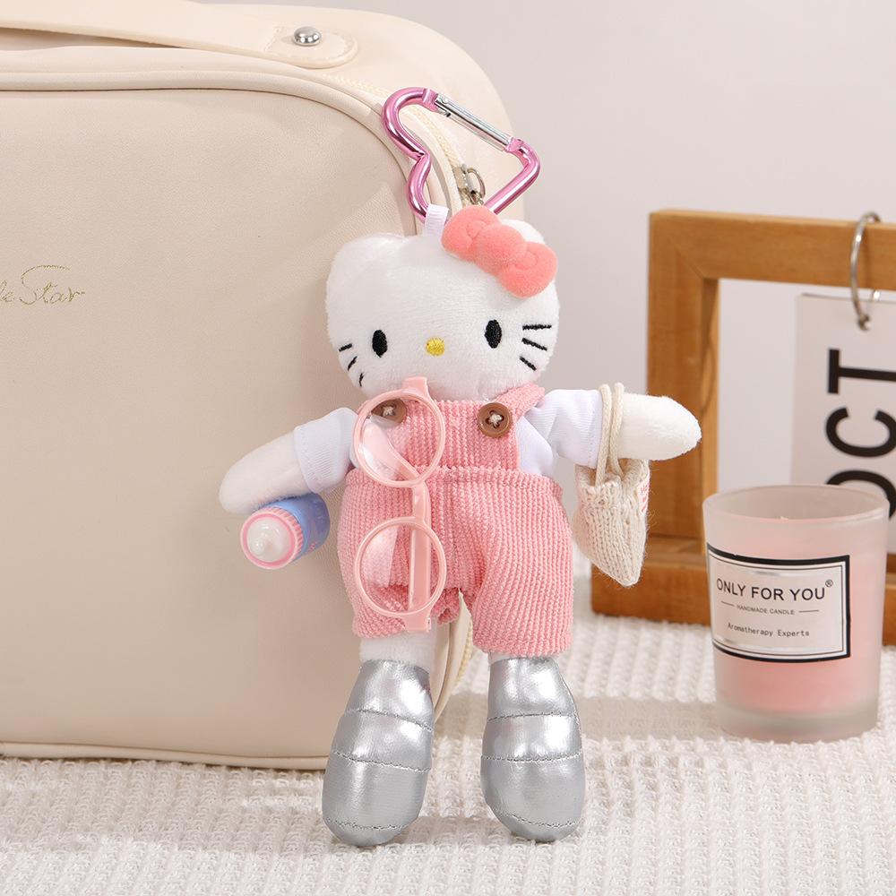 Black Leather Long Leg Cartoon Cat Plush Doll Backpack Pendant Keychain Cute Ornament Gift 12cm