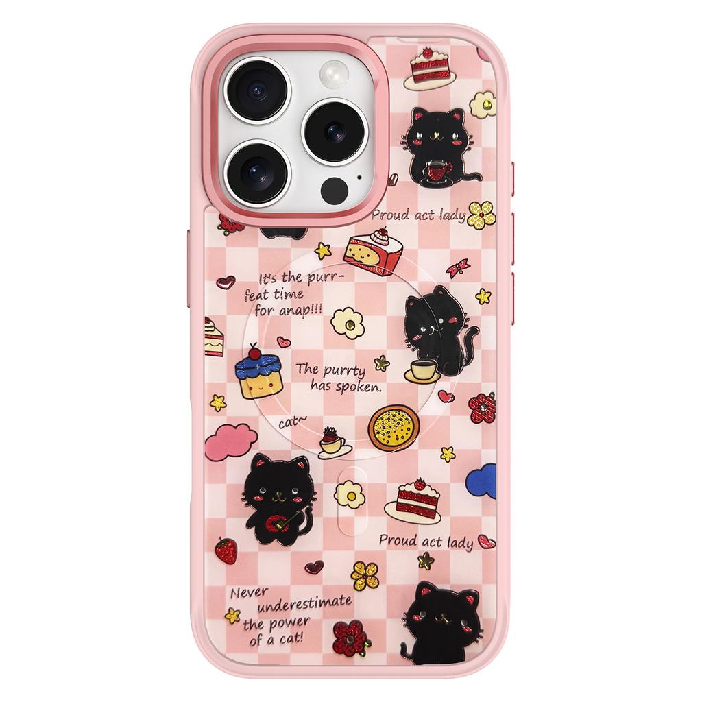 For iPhone 16 Pro Magnetic Case TPU PC Phone Cover with Detachable Happy Black Cat Backplate