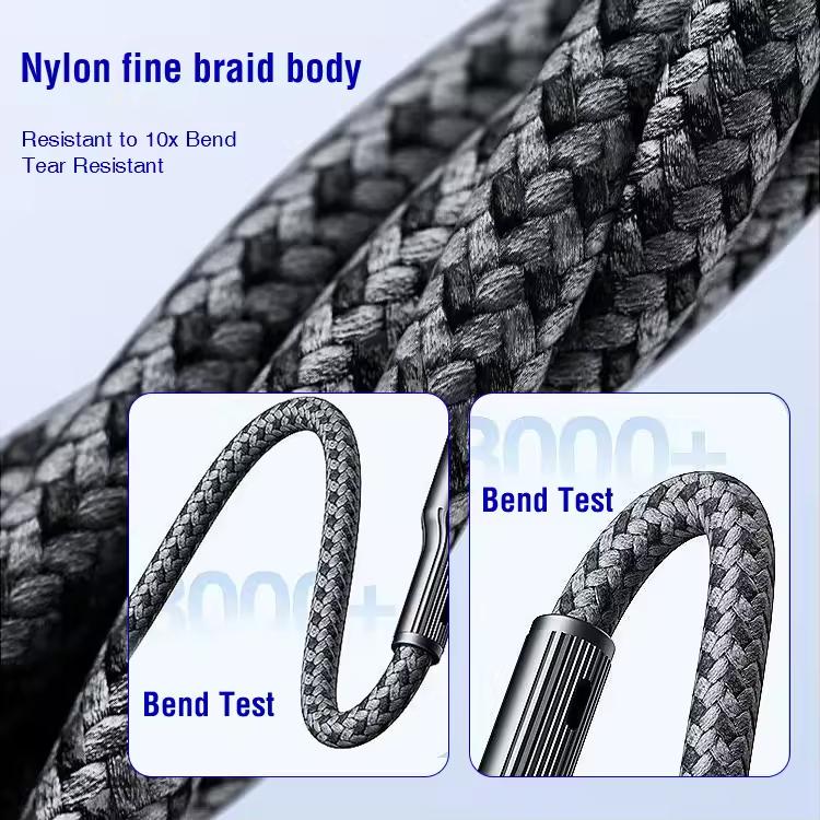 High Quality 3IN1 120W 2M Super Braided Type-C 3A Fast Charging Nylon Data Cable Dual Core Tinned Copper