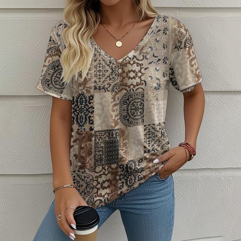 Vintage Women's T-shirt Ethnic Group Print Summer Crew Neck Short Sleeve Outdoor Casual T Shirts Female Oversized Clothing