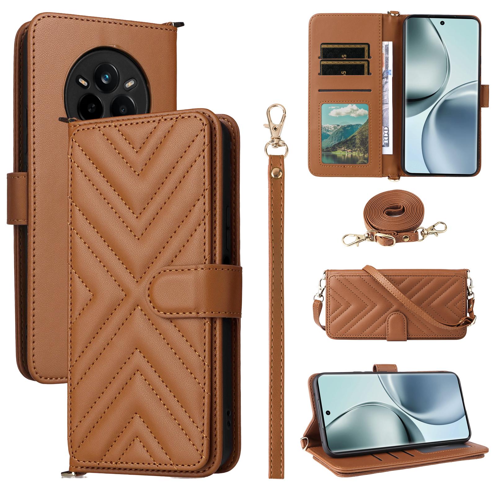 

Чохол-гаманець для Realme 14 Pro 5G зі шнурком на плече/зап ястя, шкіряний чохол для телефону зі стендом Brown