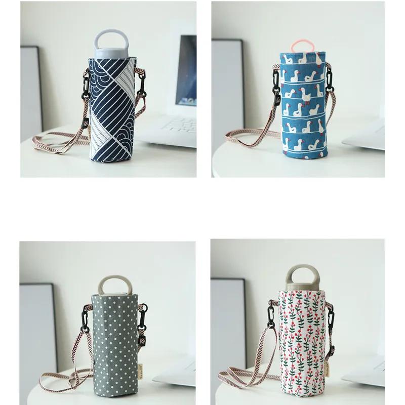 Becher-Aufbewahrungstasche Baumwolle Leinen Canvas Outdoor Wasserbeuteltasche Einfache Handheld-Hängeseil Diagonale Spannbecherhülle Milchtee Isolierbecherhülle YLE59