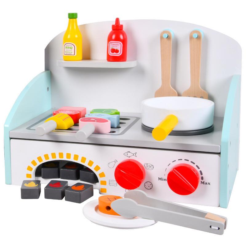 Wooden Simulation Kitchen Stove Kitchenware And Barbecue Grill Model Kid Toy For Parentchild Interaction