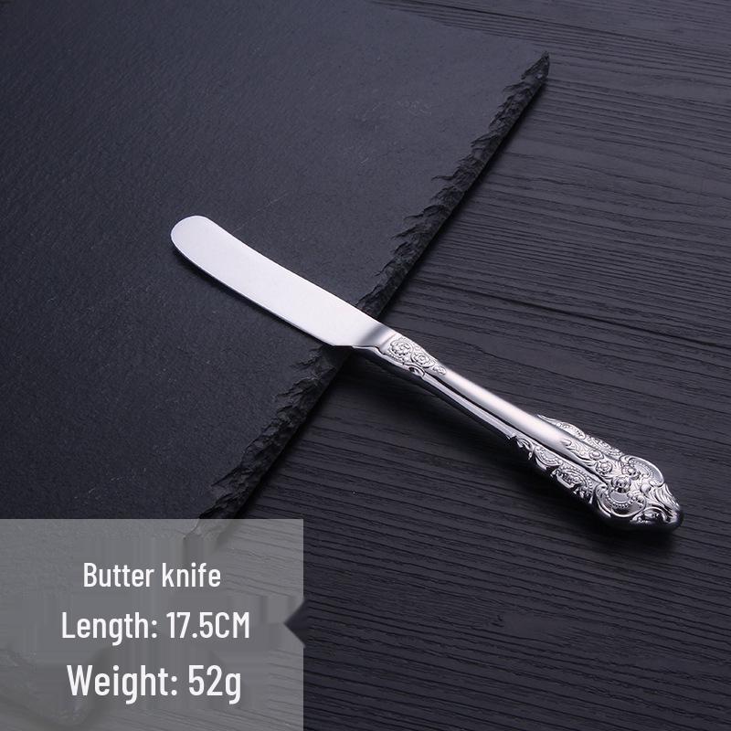 European Retro Stainless Steel Embossed Cutlery Set: Steak Knife, Fork, Spoon, Cake Fork, Dessert Fork, Soup Ladle