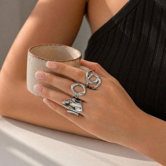 3Pcs/Set Alloy Plating Process Ring Set Exaggerated Geometric Finger Ring Adjustable Opening Design