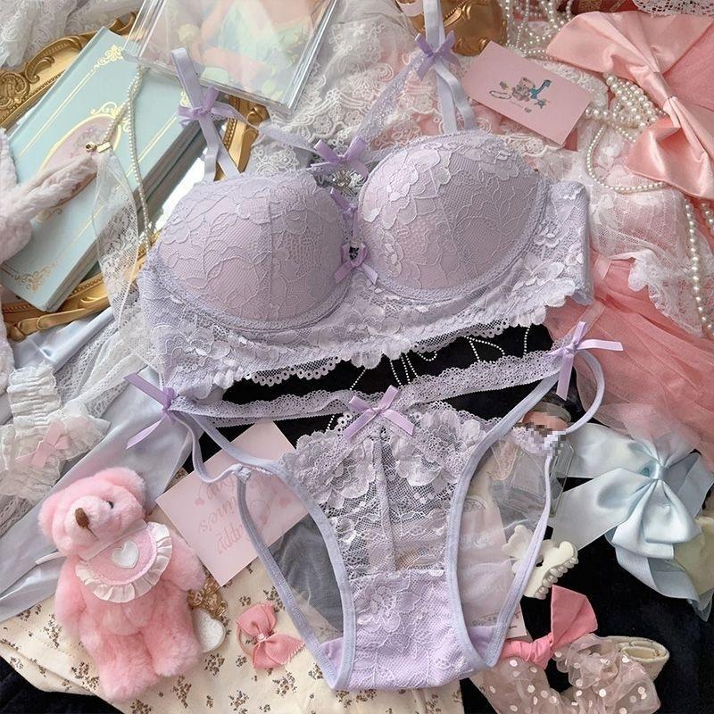 Japanese pure desire to wear lace underwear women's cross dew belt love pendant no steel ring gathering bra cover set