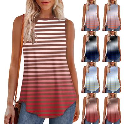 Damen Rundhals Gestreift Bedruckte Weste Vielseitiges Lockeres Saum Ärmelloses T-Shirt Top