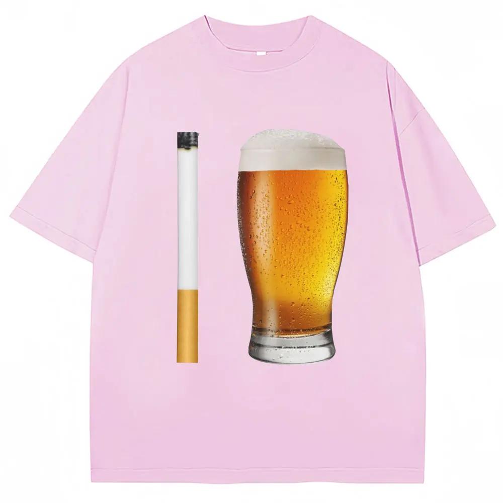 Funny Face Tshirt Humorous Cigarette and Beer Print Tshirt Womens Fashion Loose Short Sleeve Street Style