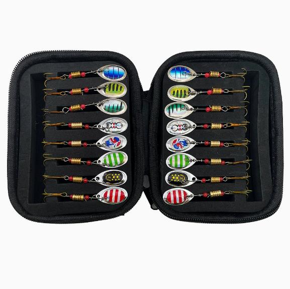 Rotating Spinner Lure Set, 16Pcs 3.5g Metal Spoon Baits with Tackle Box for Trout and Bass