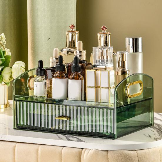 Desktop Cosmetic Storage Box with Drawer And Handle Transparent Two-tier Smooth Stable High Fence Lipstick Lotion Nail Polish Organizer Makeup Display