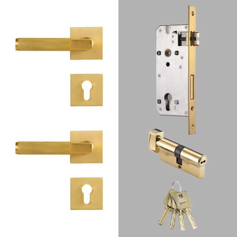 Dooroom Knurled Brass Door Lock Set Modern Interior Bedroom Bathroom Double Wood Door Lever Set Dummy Privacy Passage Lock