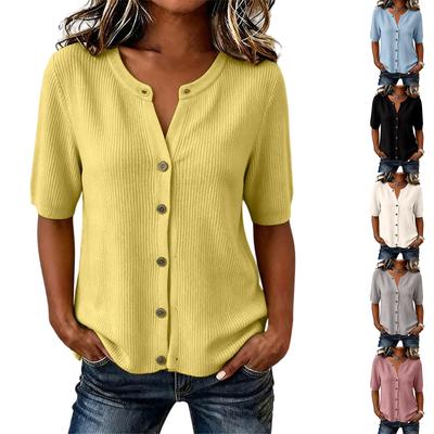 Women Ribbed Knit Short Sleeve Button Up Top V Neck Lightweight Casual Blouse Summer Wear Slim Fit Soft Fabric