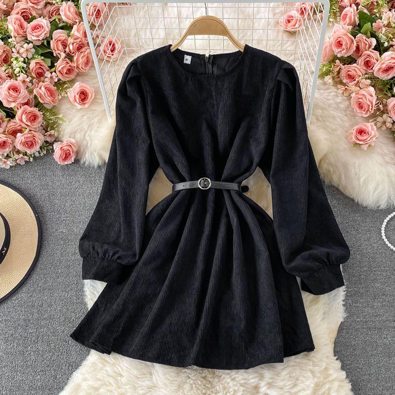 

Женское вельветовое платье, винтажное весенне-осеннее платье с длинными рукавами, платье трапециевидной формы с поясом S чёрный