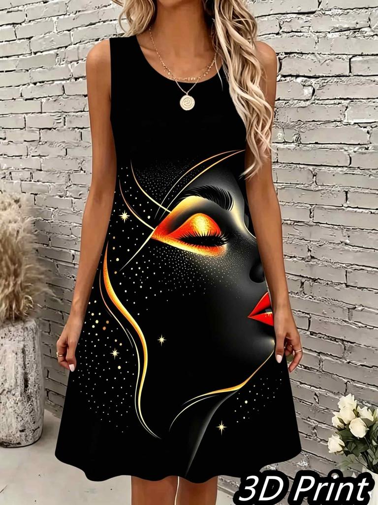 Lässiges Damen Tanktop-Kleid Sommer Ärmellos O-Ausschnitt 3D-Druck Locker A-Linien-Kleid Strand-Westenkleid