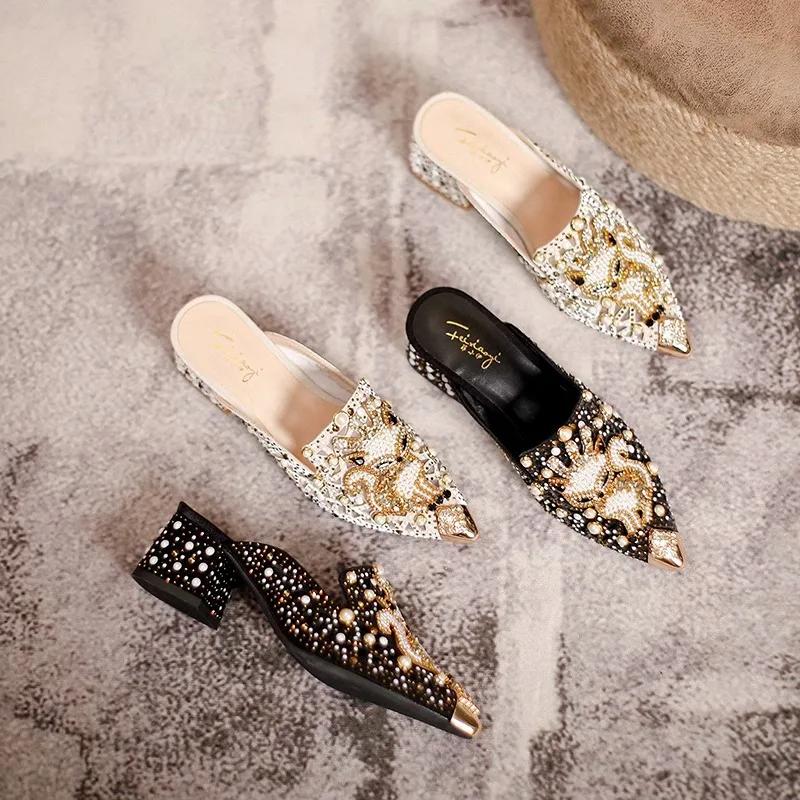 High End Summer Women Shoes High Heels Sandals Hollow Bling Pearl Rhinestone Fox Slipper Beautiful Street Trend Pumps