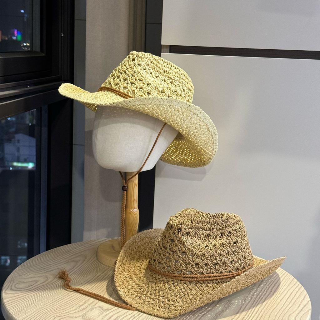 American retro western cowboy jazz hollow straw hat for women, summer seaside beach vacation sun hat, woven hat