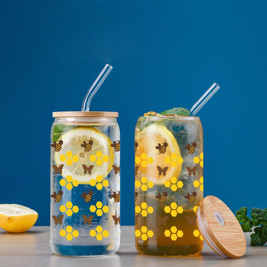 3D-Druck Goldenes Waben Bienen Schmetterlingsmuster Sublimation Glas Trinkhalm Saftglas Flasche mit Bambusdeckel zum Verschenken