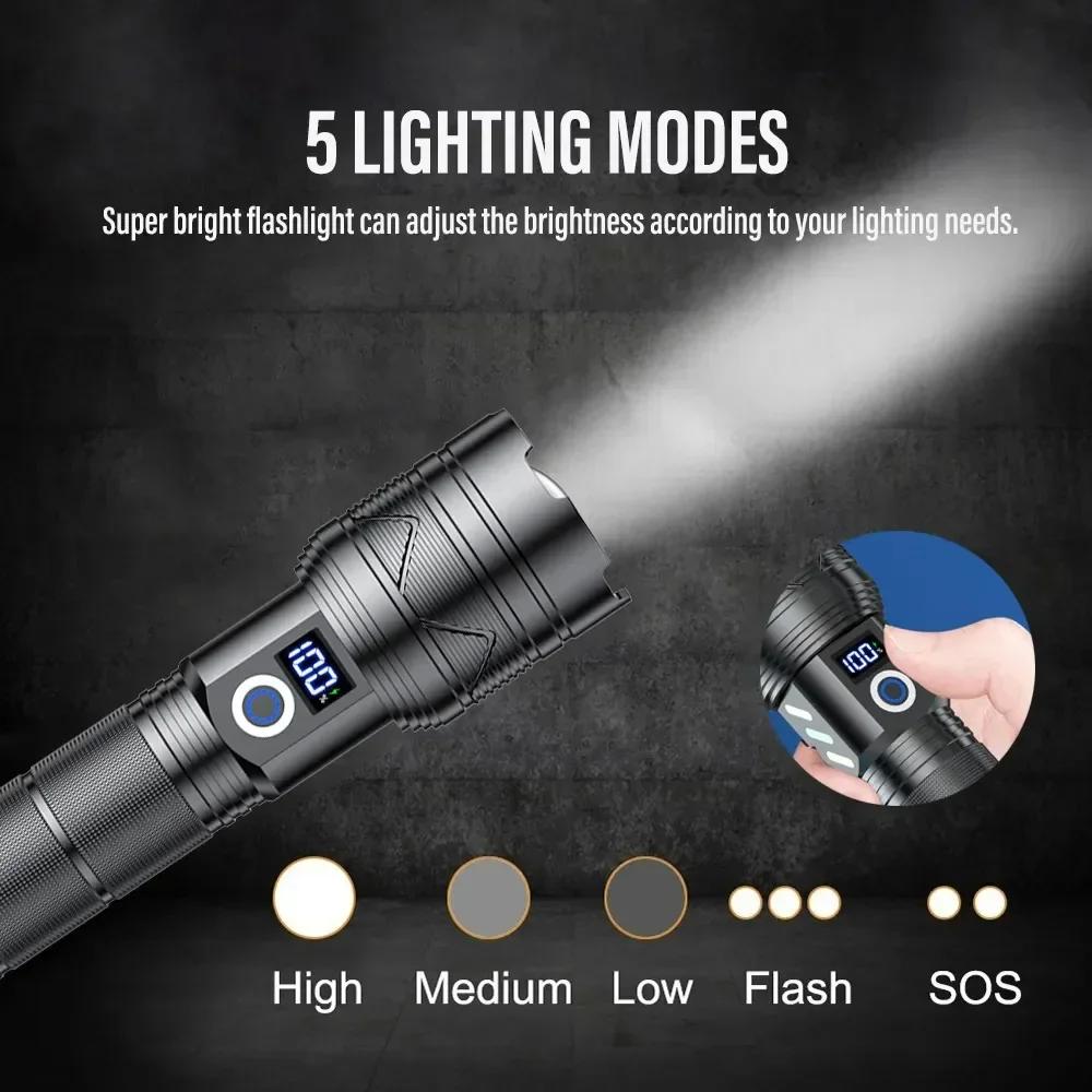 Powerful 60W LED Flashlight USB Rechargeable Tactical 26650 Torch with Power Display Super Bright Long Range Camping Lantern