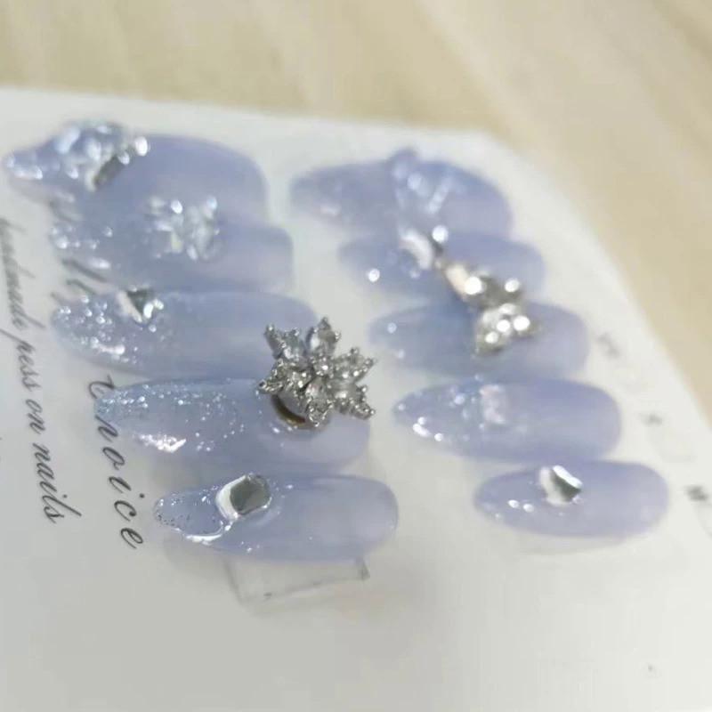 100% HANDMADE Almond Shape Artificial Nail Art Rotatable Snowflake Translucent Blue-purple Nails Reusable and Removable Fake Nails