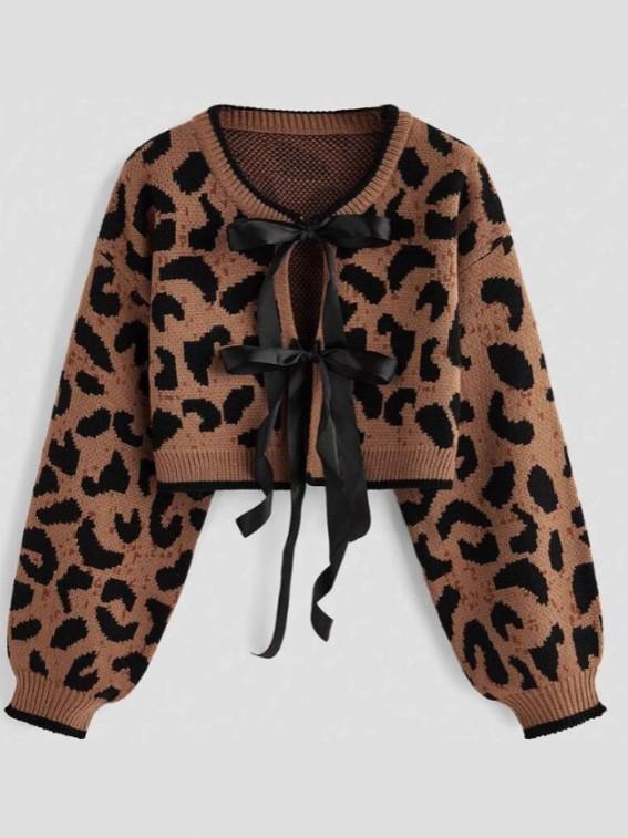 Damen Leopardenmuster Strickjacke mit Bindung vorne, Langarm Lässiger Kurzer Pullover