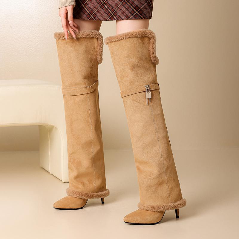 Krazing Pot Flock Pointed Toe Thin High Heels Size 46 Size 45 Winter Slip on Plus Size Women Keep Warm Over-the-knee Boots