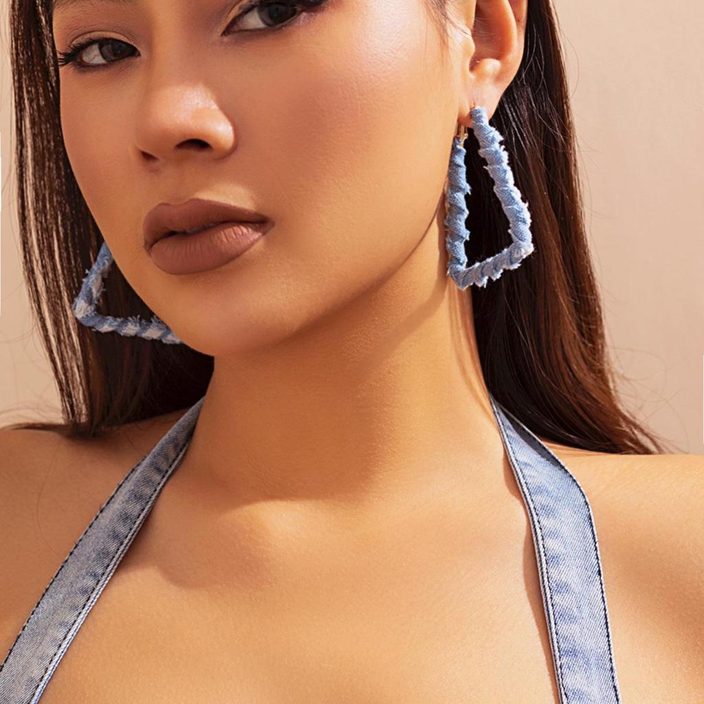 Vintage Denim Print Hoop Earrings: Retro Cross-Border Fabric Studs for Women