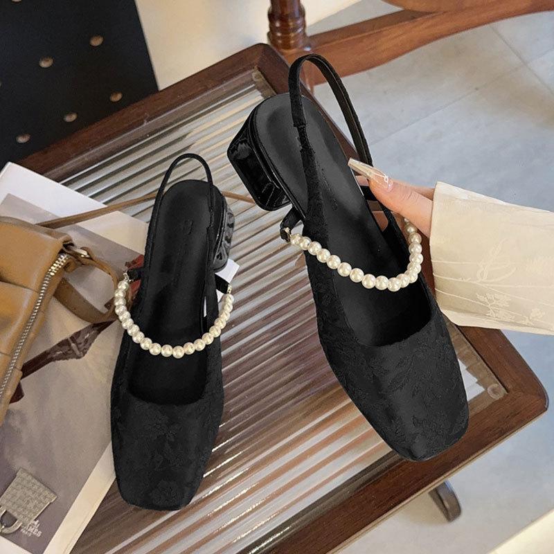 French pearl Mary Jane shoes square head high heels women's 2025 summer new thick heel light mouth single shoes bag head sandals