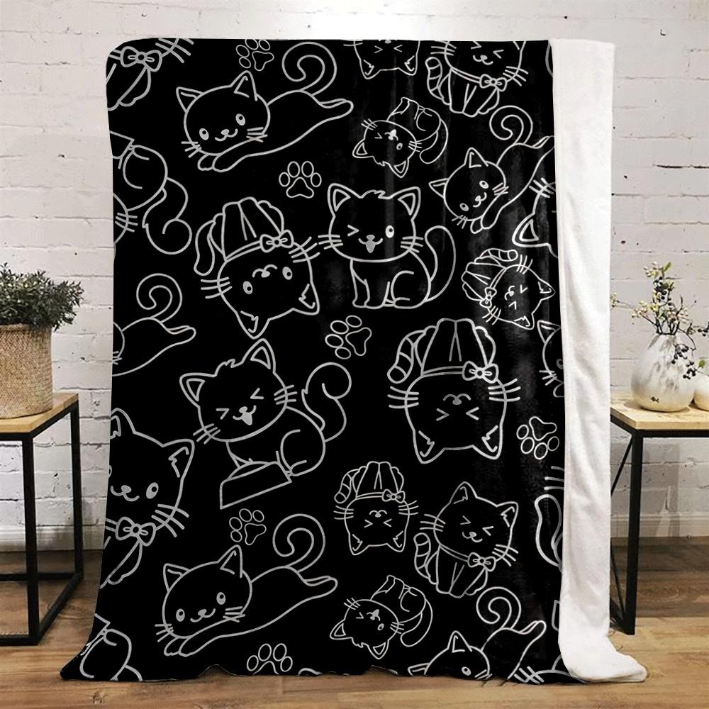 Outlined Playful Cats and Paw Prints On a Black Background. for All Seasons Blanket Lunch Break Throw Gift