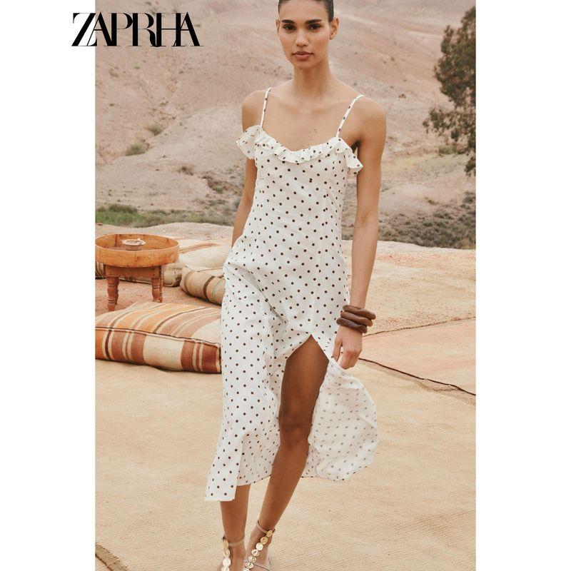 Zaprha 2025 Summer New French Style Holiday Wind Polka Dot Bow V-neck Midi Dress 3730510