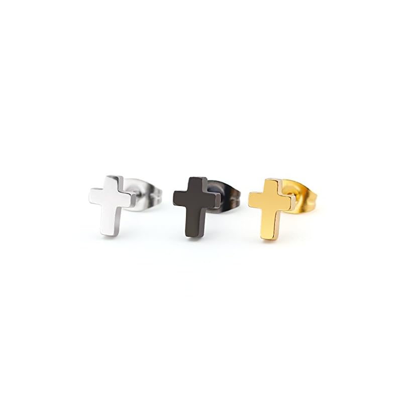 

AREUM earrings cross Smaller stud 2 pieces for both ears One point simple 6mm 8mm men s ladies cross (6mm, black)
