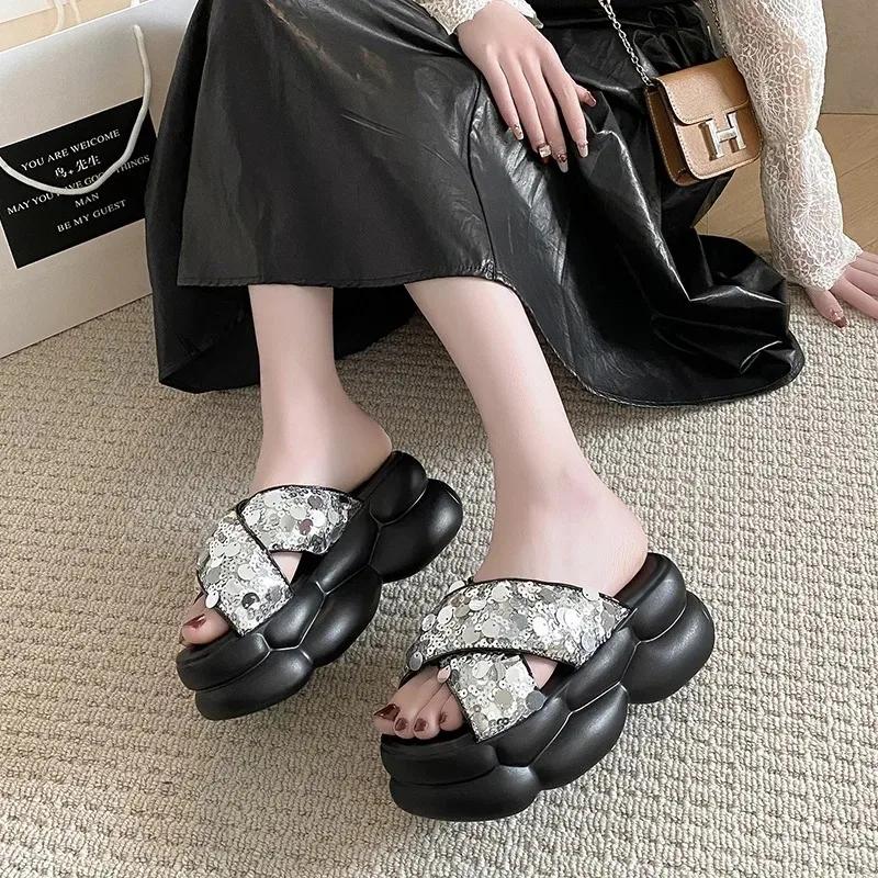 8CM Bling Woman Platform Sandals Ladies Elegant Beach Women's Shoes Flats Summer Sandals Women Designer Shoes Girls Slippers