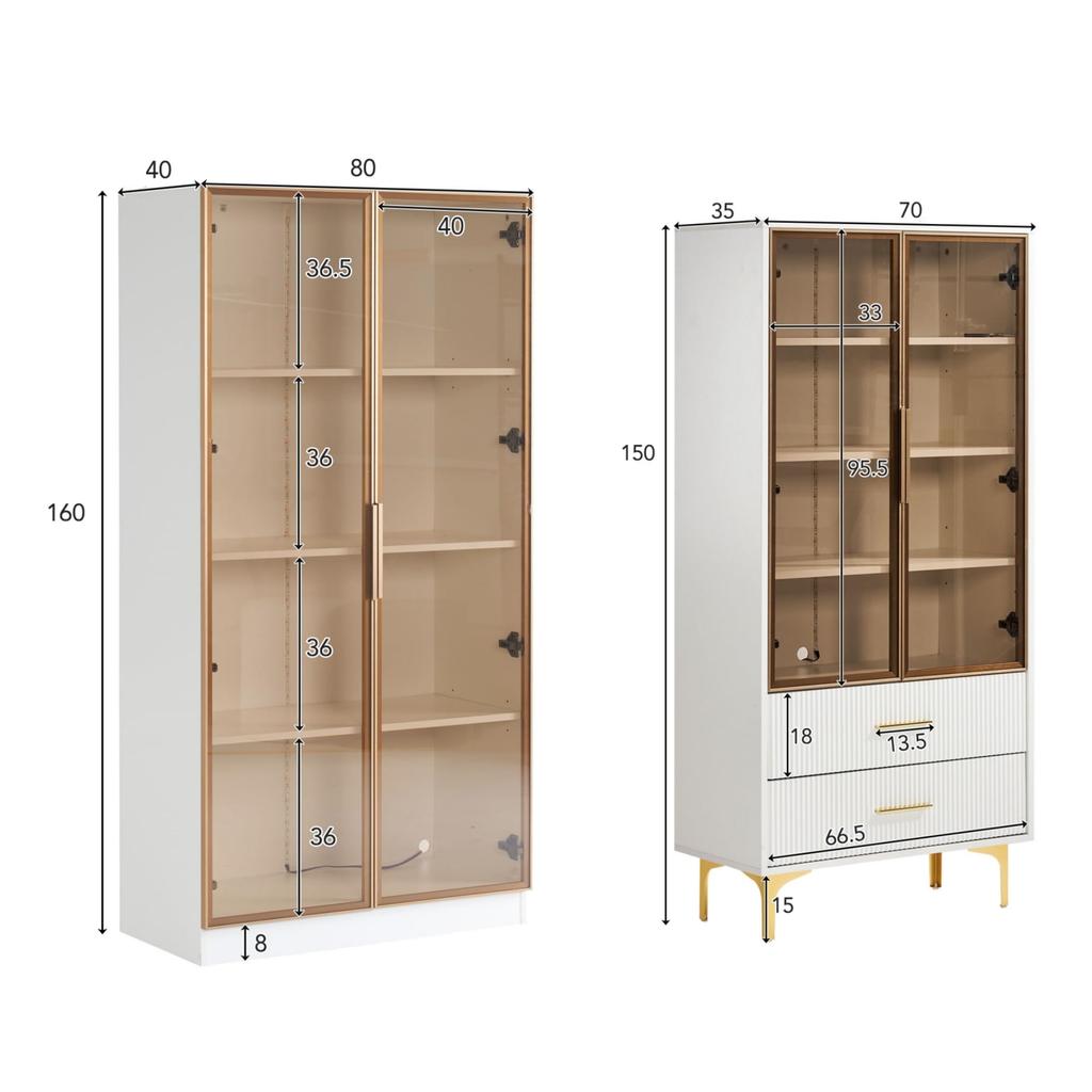 Glass Display Case LED Lighting, Two-Part White, Adjustable Shelves, 2 Drawers, Modern Bookcase Standing Display Case Office Cabinet