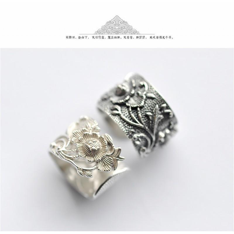 Adjustable Open Ring Men Women Vintage Floral Design With Peony Lotus Motif Plated Wide Band Statement Jewelry