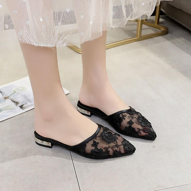Shoes for Women Low Heel Slides Sexy Black Woman Mules Slippers Pointed Toe Embroidery 39 Chic and Elegant H Sandal Pvc Sandals