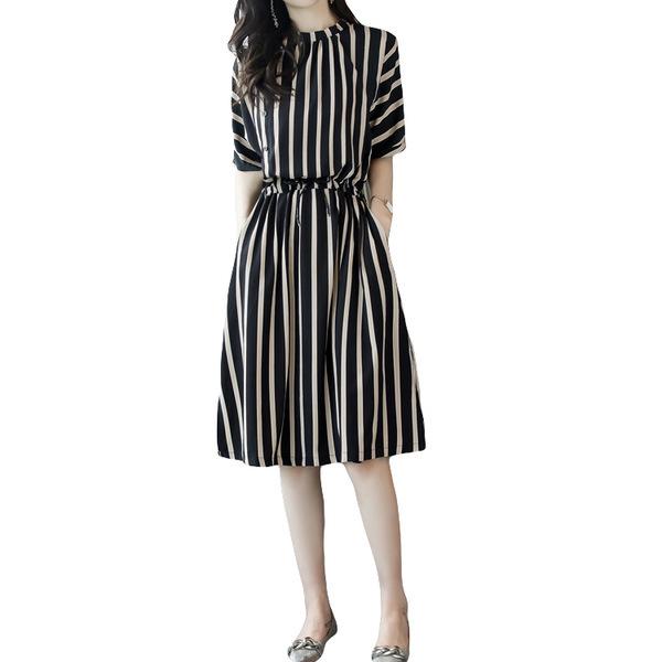 2021 Plus Size Korean Striped Midi Dress for Women - Spring/Summer Fashion