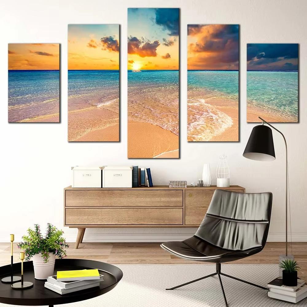 5 Stück Cleopatra Ozean Leinwandbild Wandkunst Oranger Himmel Ozeanstrand Multi Türkei Sandstrand Sonnenaufgang Wanddekoration Ohne Rahmen