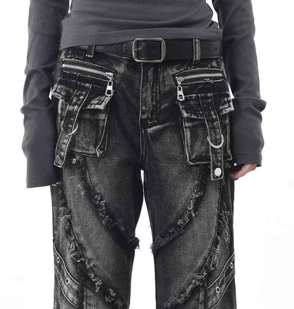 Women's Washed Micro-Flare Jeans with Frayed Edges and 3D Pockets