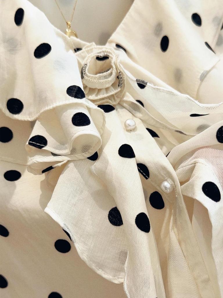 Women's Polka Dot Ruffle Long Sleeve Loose Shirt - French Style, Spring/Autumn