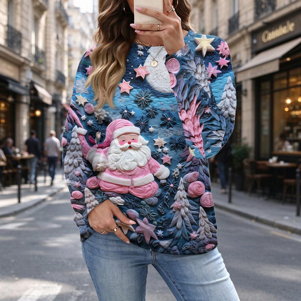 Women's Casual Polka Dot Christmas Print Top for Fall and Winter, Versatile Blouse