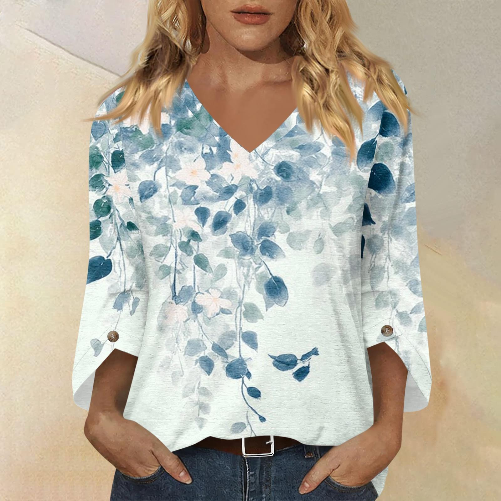 

Women s Fashionable Casual Three Quarter Sleeve -Color Collar Pullover Top XXXL