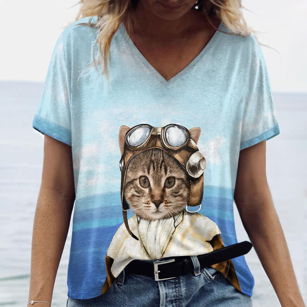 New Women's T-shirt Cartoon Cat print Vintage Plus Size Top Summer Women's Trending Clothes Fashion Short Sleeve Shirt V-neck