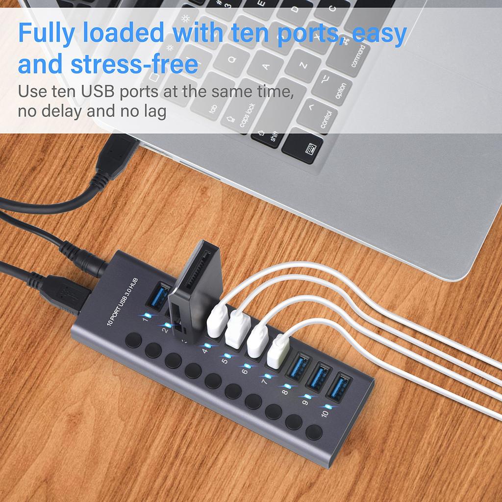 985A 10 Port USB 3.0 Hub USB Splitter Hub USB Docking Station 300MB S High Speed Transmission with Individual Switches