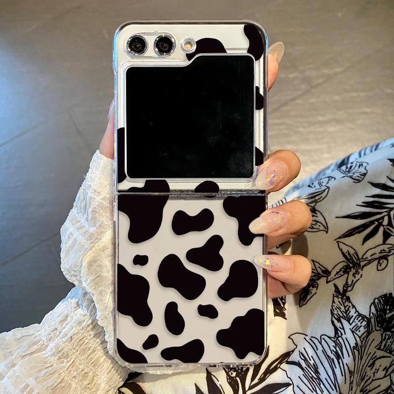 Cow Print Clear Hard PC Phone Case For Samsung Galaxy Z Flip5 Flip4 Flip3 Transparent Folding Back Cover For Samsung Z Flip 5 4