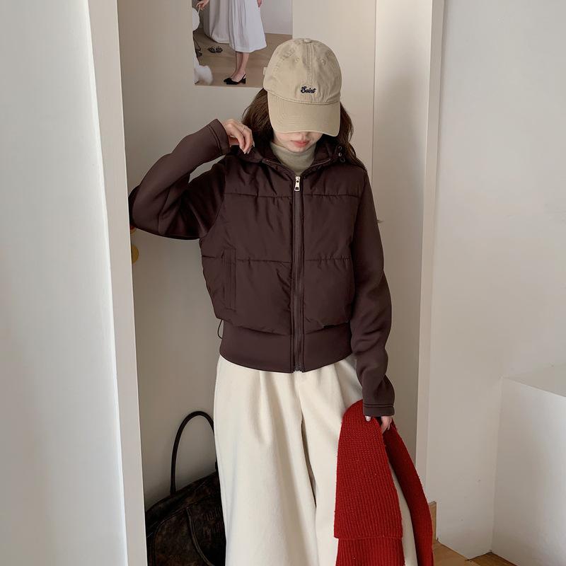 Autumn and winter new European and American style short hooded cotton-padded jacket high waist jacket light and thin hooded splicing jacket cotton-pad