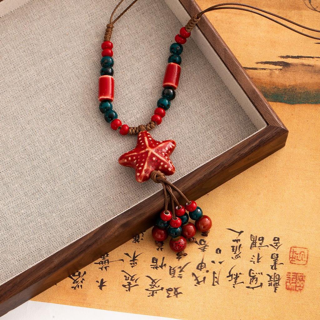 Color Ceramic Beaded Star Necklace Bohemian Retro Neck Chain Ethnic Style Woven Long Necklace