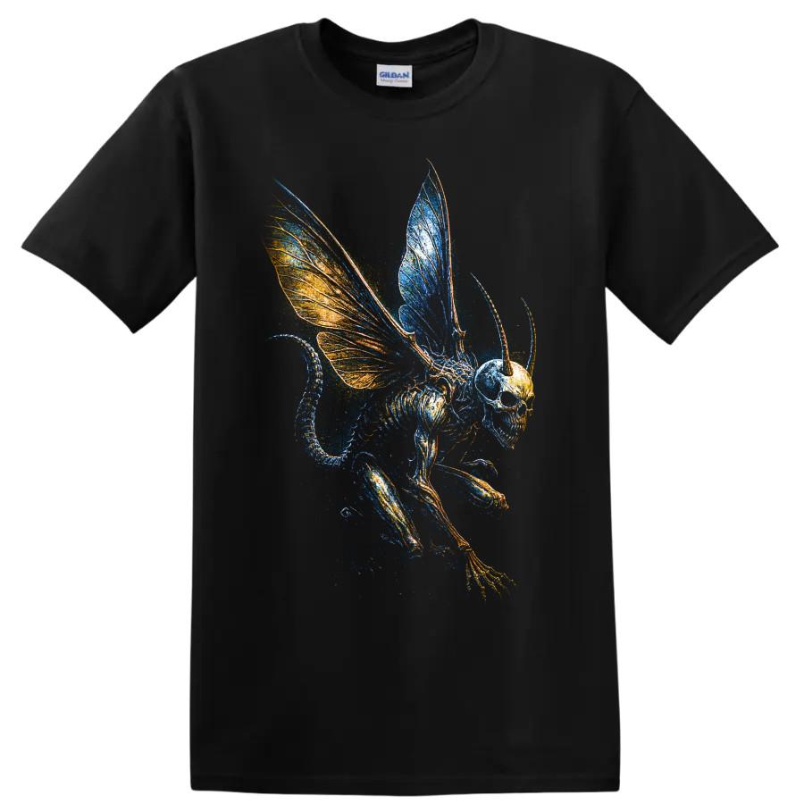 Winged Skull Skeleton T Shirt Gothic Fantasy Blue Orange Art Graphic Tee Print