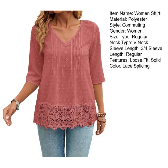 Women V-Neck Hem 45720 Sleeve Casual Shirt Jacquard Decor Solid Color