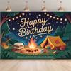 2D Cartoon Campfire Tent Birthday Backdrop Starry Night Outdoor Theme Party Decor Background