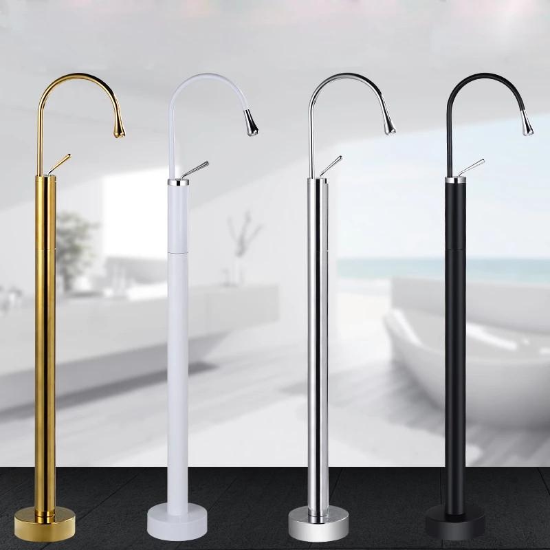 Tuqiu Black Bathroom basin Faucet Brass Floor Standing Bathtub Faucet Sink Mixer Tap super long water drop design gold sink tap