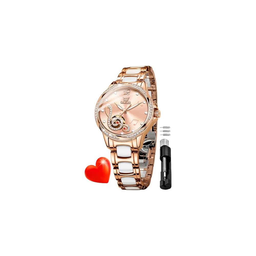OLEVS Luxury Automatic Women s Watch Rose Gold Diamond Ceramic Heart Date Music Pink